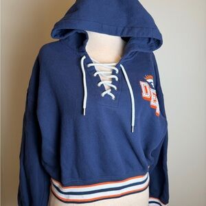 WEAR by Erin Andrews Denver Broncos Navy Lace-Up Hooded Pullover with Stripe Hem
